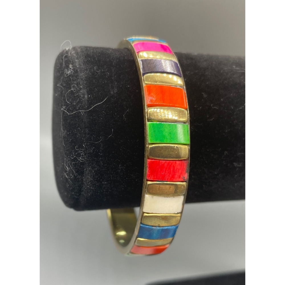 Vintage Brass Multi Color Rainbow Inlay Bangle Bracelet Gold Tone Boho Stackable